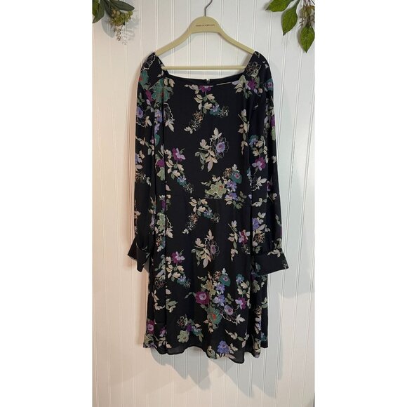 Floral Long-Sleeve Shift Dress By Loft Plus Sz 20 Black With Multicolor Flowers - Picture 1 of 13